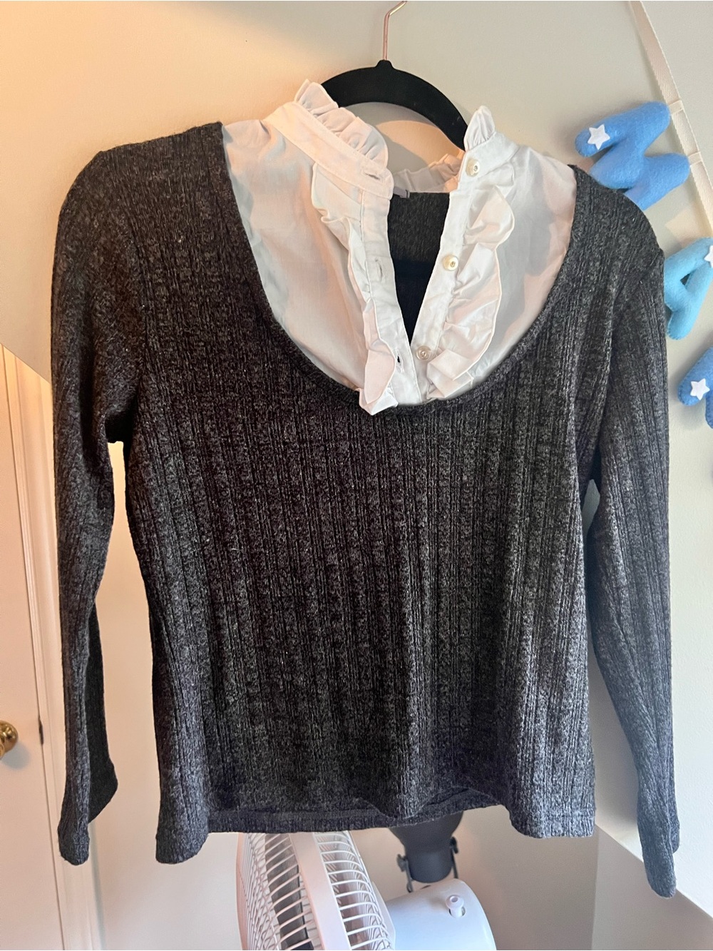 Charcoal Ribbed  with White Ruffle Collar